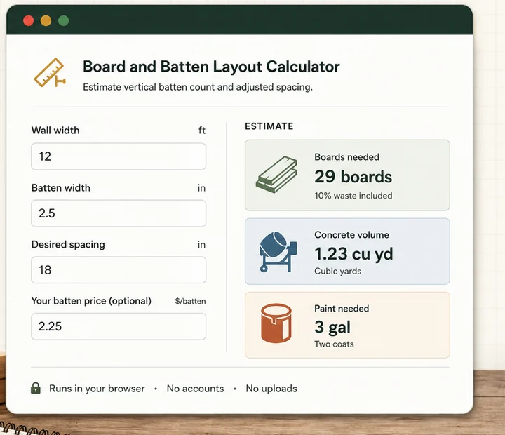 Preview of browser-based DIY material calculators with sample quantity estimates